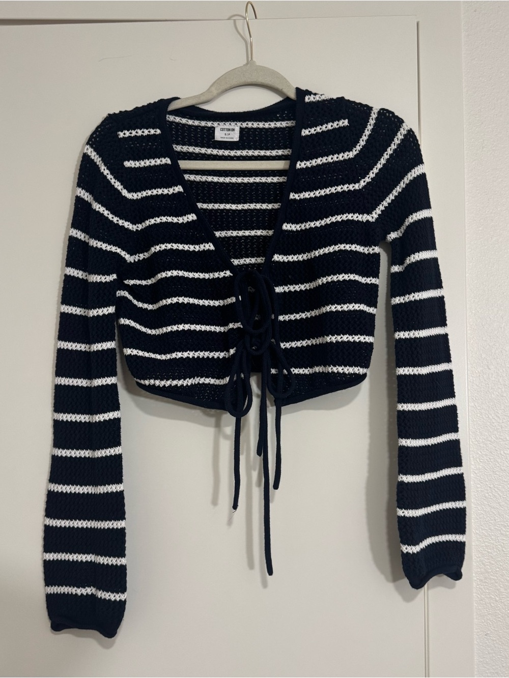 Cotton On Knit Striped Navy and White Tie-Front Cropped Sweater-S